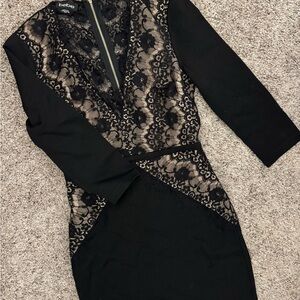 Bebe Black and Cream Lace Long Sleeve Mini Dress
